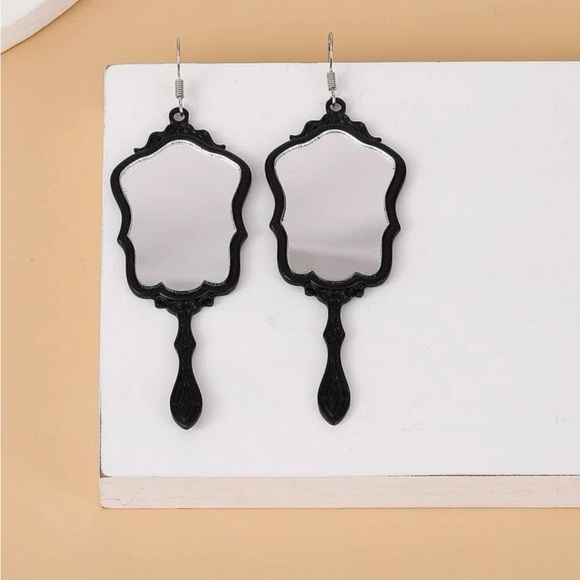 Black Hanging Mirror Lightweight Earrings - Picture 2 of 4